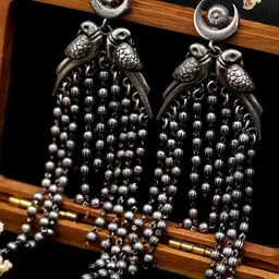 TEEJH Silver-Plated Oxidised Peacock Shaped Drop Earrings-42