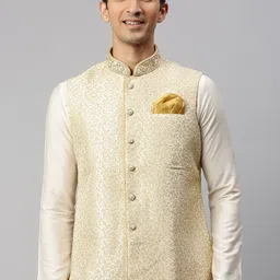 Manyavar Men Cream Coloured & Golden Woven Design Nehru Jacket-image-89