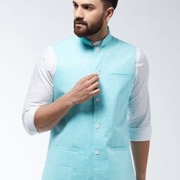 SOJANYA Men Turquoise Blue Solid Nehru Jacket-image-32