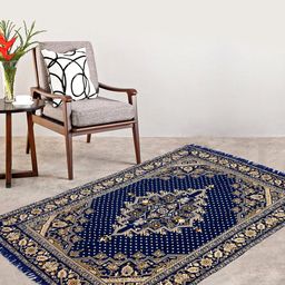 Kuber Industries Blue & Beige Traditional Printed Anti-Skid Carpet-7