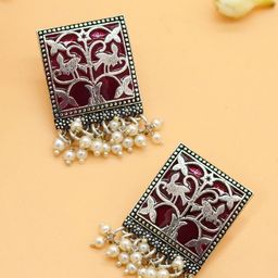 TEEJH Silver-Plated & Maroon Geometric Drop Earrings-image-11