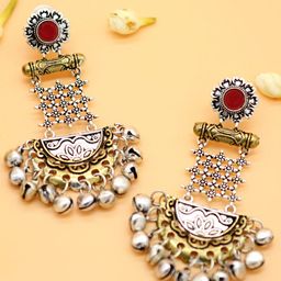 TEEJH Silver-Toned & Red Contemporary Drop Earrings-image-67