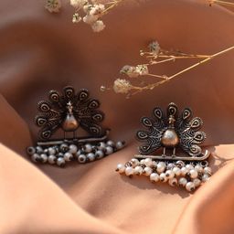 TEEJH Silver-Toned Peacock Shaped Studs Earrings-47