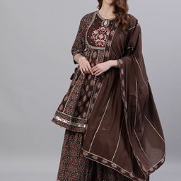 Ishin Women Brown Embroidered Kurti with Sharara & Dupatta-picture-11