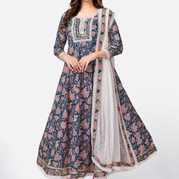 Vbuyz Women Blue Floral Printed Panelled Kurta with Trousers & With Dupatta-picture-19