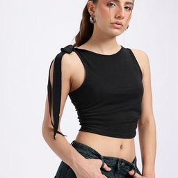 glitchez Ruched Cinch Tie-Up Crop Fitted Top-image-90