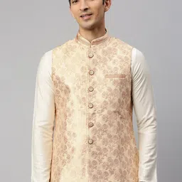 Manyavar Men Cream-Coloured & Pink Woven Design Nehru Jacket-image-46