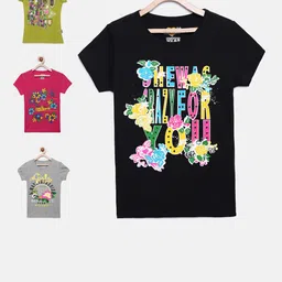SINI MINI Girls Pack of 4 Multicoloured Printed Round Neck T-shirts-image-37