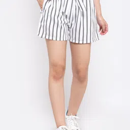 Zastraa Women White Striped Slim Fit Regular Shorts With Belt-image-6