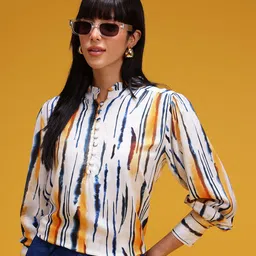 HERE&NOW Abstract Dyed Cuffed Sleeves Mandarin Collar Ruffled Detail Top-image-32