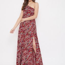 Berrylush Women Maroon & Off-White Floral Printed One Shoulder Maxi Dress-image-8