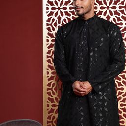 MANQ Men Embroidered Sequinned Pure Cotton Kurta with Trousers-picture-36