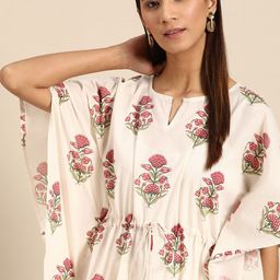 Anouk Off White & Pink Ethnic Motifs Printed Flared Sleeves Kaftan Kurta-image-16