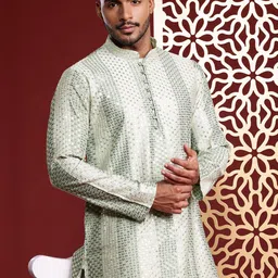 MANQ Men Embroidered Chikankari Pure Cotton Kurta with Pyjamas-picture-57
