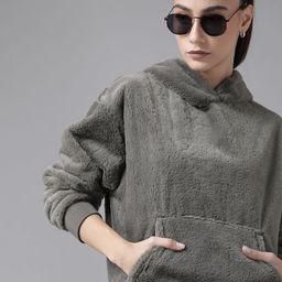 Roadster Women Green Hooded Fur Faux Detail Sweatshirt-image-18