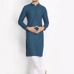 Manyavar Men Blue & White Chikankari Embroidered Kurta with Pyjamas-picture-20