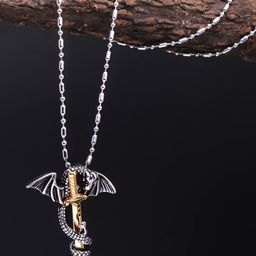 Yellow Chimes Men Silver-Toned Sword Dragon-Shaped Pendant With Chain-picture-11