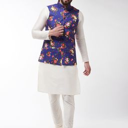SOJANYA Men Off-White & Blue Printed Kurta with Churidar & Nehru Jacket-16