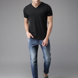 HERENOW Men Black Solid V-Neck Pure Cotton T-shirt-image-28