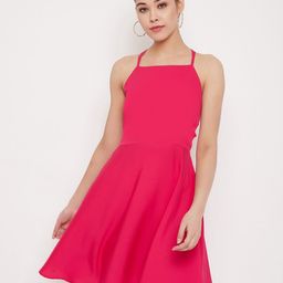 Berrylush BASICS Women Pink Solid Fit and Flare Tied Back Dress-image-21