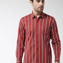 SOJANYA Men Rust Red & White Regular Fit Striped Casual Shirt-image-60