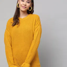 STREET 9 Women Mustard Yellow Self Design Pullover Acrylic Sweater-image-16