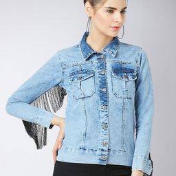 Miss Chase Women Blue Solid Frayed Denim Jacket-picture-57