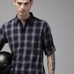 The Roadster Lifestyle Co Men Navy Blue & Grey Checked Pure Cotton Casual Shirt-picture-10