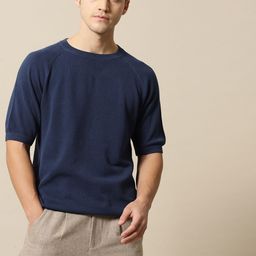 Mr Bowerbird Men Navy Blue Solid Tailored Fit Round Neck Sweater Pure Cotton T-shirt-image-20