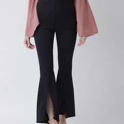 KASSUALLY Women Navy Blue Regular Fit Solid Bootcut Trousers-image-35