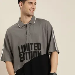 HERE&NOW Men Colourblocked Polo Collar Drop-Shoulder Sleeves Pure Cotton Oversized T-shirt-picture-20