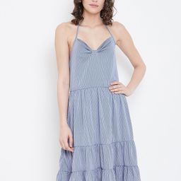 DODO & MOA Women White Striped Tiered Fit and Flare Dress-45