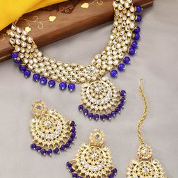 Peora Blue Gold Plated Kundan Beads Choker Necklace Jewellery Set-image-26
