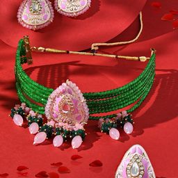 Zaveri Pearls Meenakari Kundan-Studded & Pearl Beaded Jewellery Set-image-25