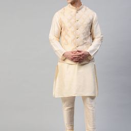 MANQ Men Cream-Coloured  Solid Kurta with Churidar & Woven Design Nehru Jacket-18