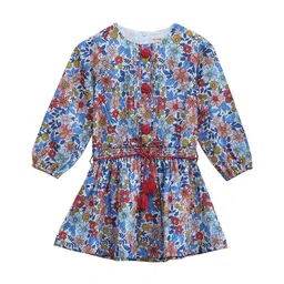 My Little Lambs Girls Blue Floral Printed Blouson Dress-image-25