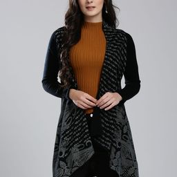 W Women Black & Grey Printed Longline Front Open Cardigan-12