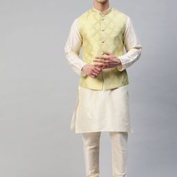 MANQ Men Cream-Coloured Kurta with Churidar & Woven Design Nehru Jacket-0