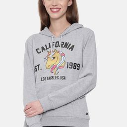3PIN Women Grey Melange & Yellow Unicorn Printed Hooded Sweatshirt-image-23