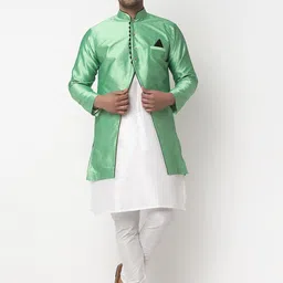 Benstoke Men White & Green Self-Design Sherwani Set-image-91