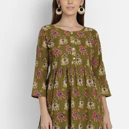 SAHORA Women Olive Green Kalamkari Printed Peplum Pure Cotton Top-picture-38