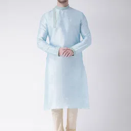 DEYANN Men Blue & Cream-Coloured Self Design Kurta with Churidar-picture-3