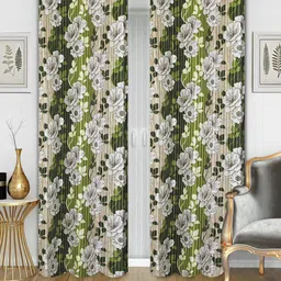 Good Homes by Home Candy Set of 2 White & Green Floral Print Long Door Curtains-14