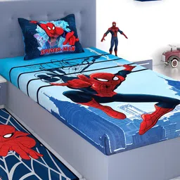 Marvel Blue & Red Spiderman Print 180 TC Cotton 1 Single Bedsheet with 1 Pillow Covers-picture-0