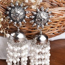 TEEJH Silver-Toned & White Contemporary Jhumkas Earrings-36