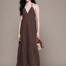 MANGO Crinkled Effect Pure Cotton Shoulder Straps Backless Tiered Maxi A-Line Dress-image-66