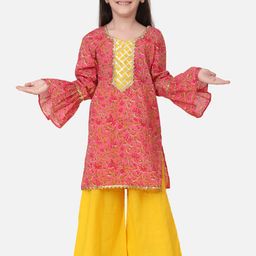 BownBee Girls Pink & Yellow ethnic Print Kurti with Palazzos-image-9