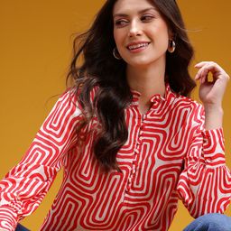 HERE&NOW Geometric Print Mandarin Collar Ruffle Detail Top-image-19