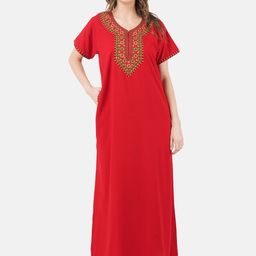 KOI SLEEPWEAR Red & Yellow Embroidered Cotton Maxi Nightdress-image-50