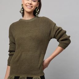 STREET 9 Women Olive Green Ribbed Acrylic Pullover Sweater-image-73